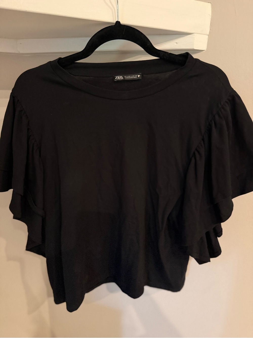 Zara Black Ruffle Sleeve Short Sleeve Top